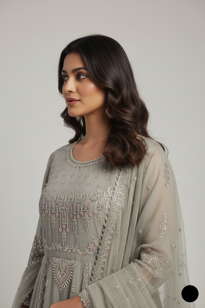 ABS SPO153 Pakistani women's chiffon tail frock detail view