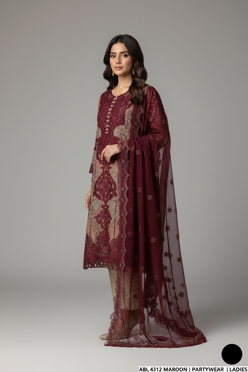 Pakistani women's maroon organza A-Line shirt detail view