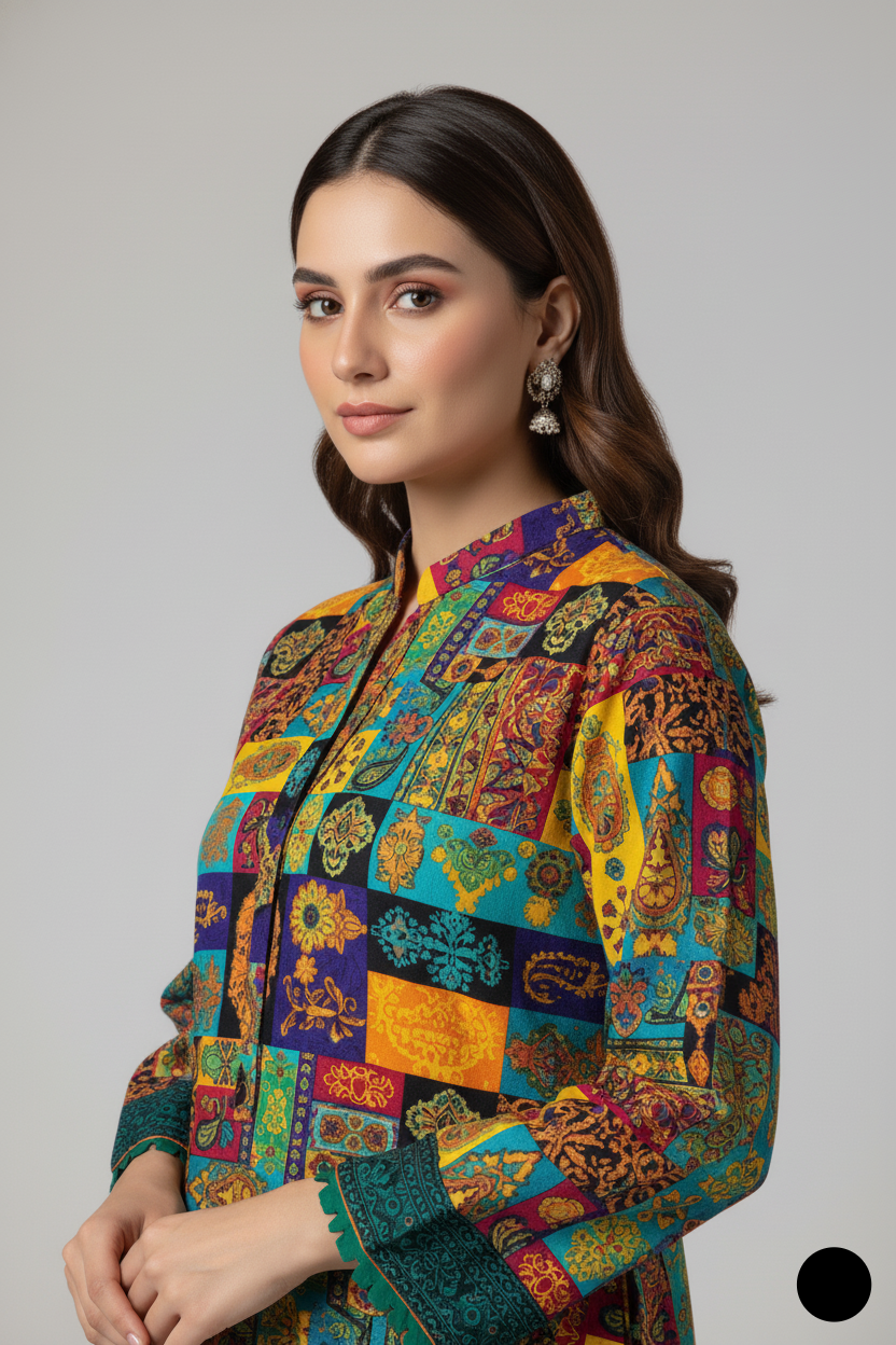 Pakistani women's lawn A-Line printed casual outfit detail view