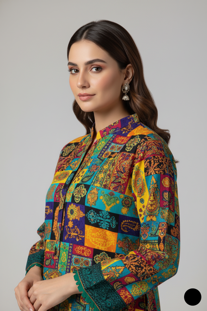 Pakistani women's lawn A-Line printed casual outfit detail view