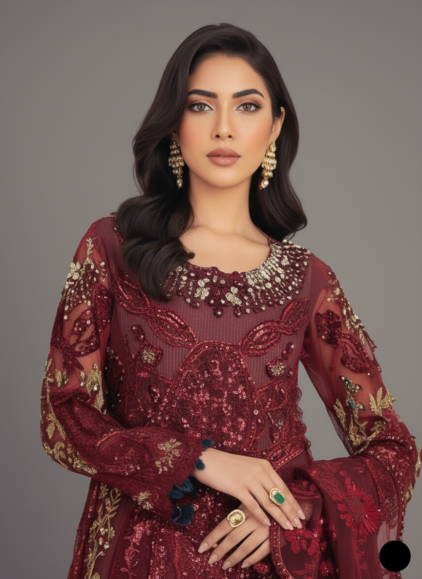 ABL 3979 Pakistani women's organza bridal outfit with chiffon dupatta detail view
