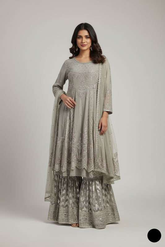 Chiffon tail frock plazo ABS SPO153 - Pakistani women's formal party wear with masuri net dupatta front view