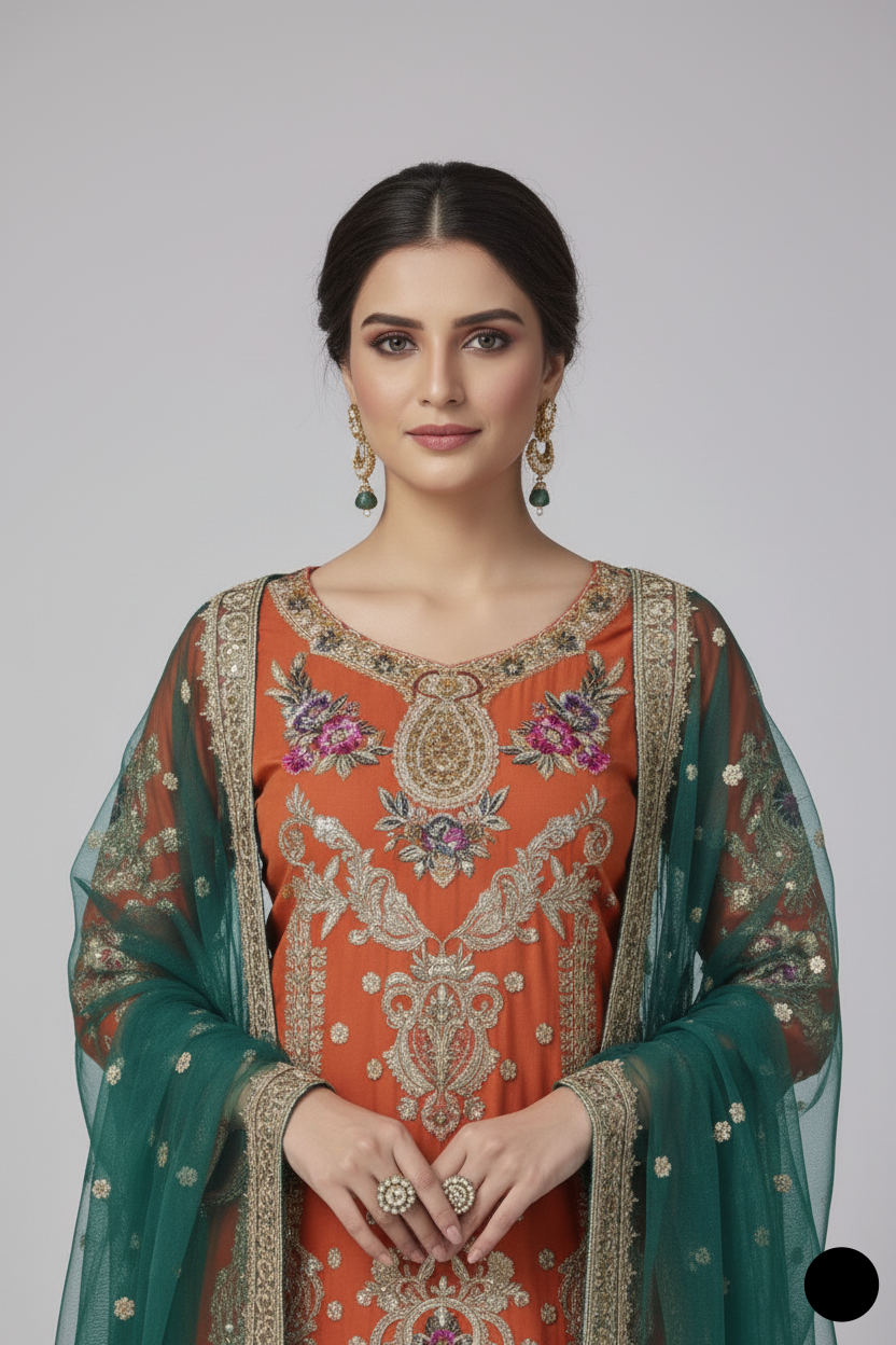 ABS 3027 chiffon Pakistani women's shirt with jamawar sharara side view