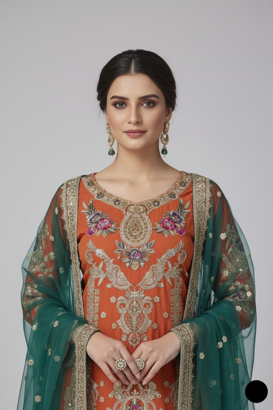 ABS 3027 chiffon Pakistani women's shirt with jamawar sharara side view