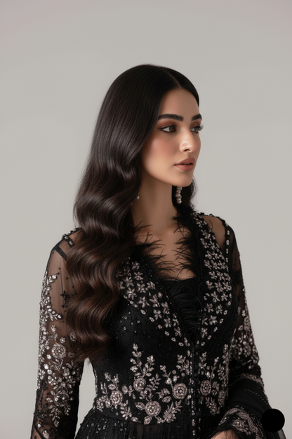 Pakistani women's black organza A-Line shirt detail view