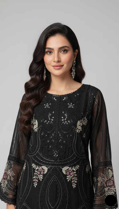 Black chiffon Pakistani women's straight shirt side view