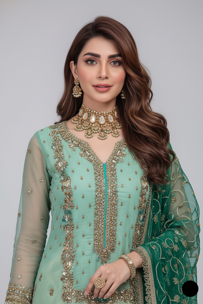 KB P235 pure resham Pakistani women's hand embroidered outfit with jamawar trouser side view
