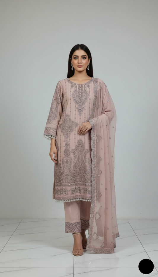 Chiffon straight shirt tea pink - Pakistani women's elegant formal wear with viscose trouser and chiffon dupatta front view