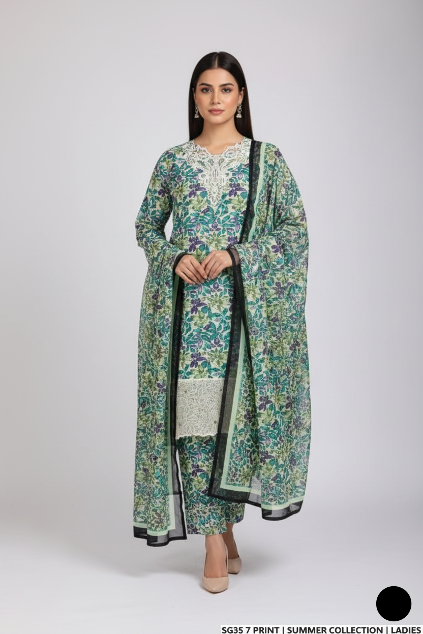 Lawn A-Line printed shirt - Pakistani women's casual summer outfit with cotton trouser and lawn dupatta front view