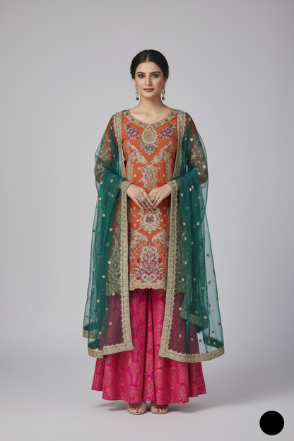 Chiffon shirt sharara ABS 3027 - Pakistani women's festive party wear with jamawar sharara and organza dupatta front view