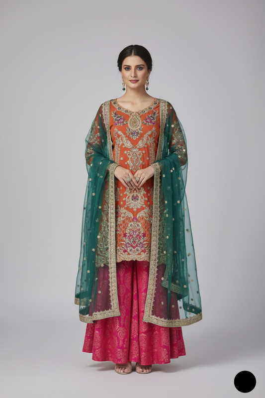 Chiffon shirt sharara ABS 3027 - Pakistani women's festive party wear with jamawar sharara and organza dupatta front view