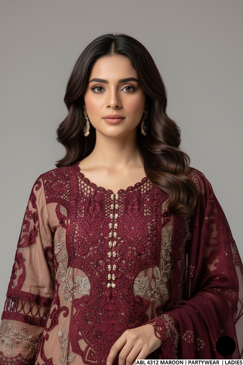 Maroon organza Pakistani women's A-Line shirt side view