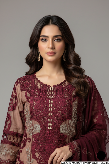 Maroon organza Pakistani women's A-Line shirt side view