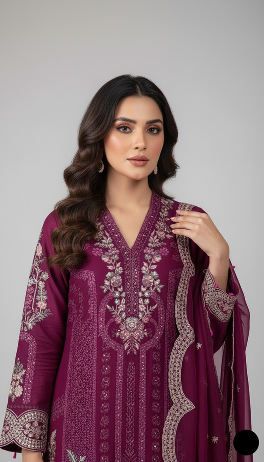 Magenta chiffon Pakistani women's straight shirt with plazo side view