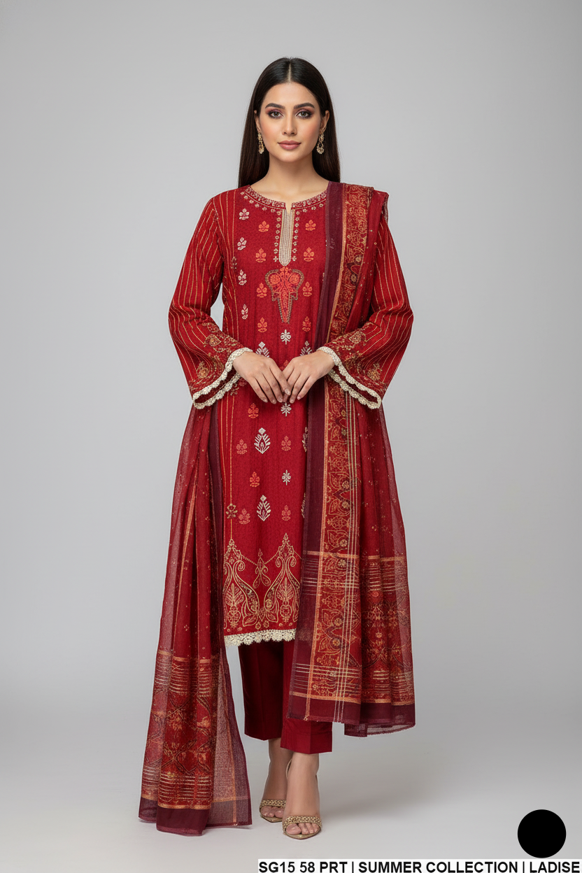 Lawn straight shirt SG15 58 - Pakistani women's summer suit with digital printed dupatta front view
