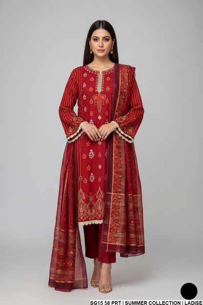 Lawn straight shirt SG15 58 - Pakistani women's summer suit with digital printed dupatta front view