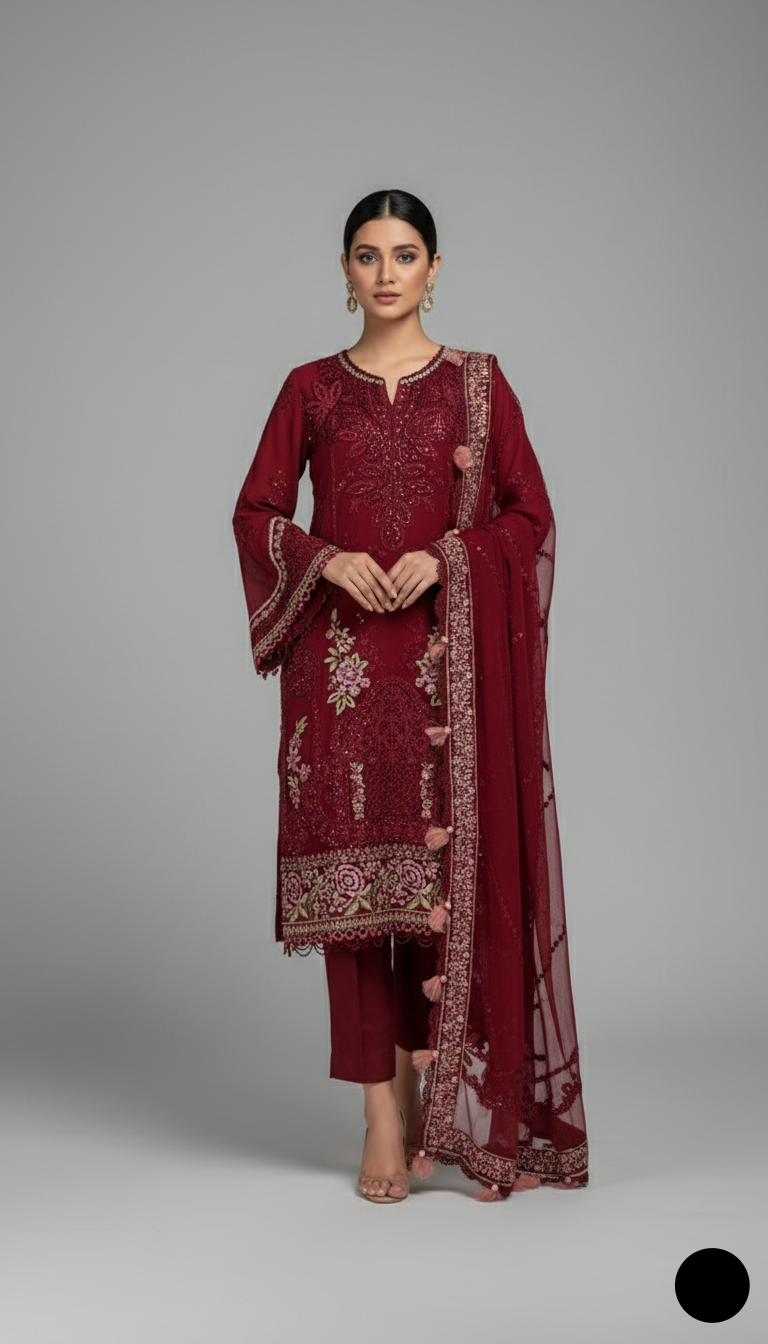 Organza A-Line shirt maroon - Pakistani women's elegant formal wear with viscose trouser and organza dupatta front view