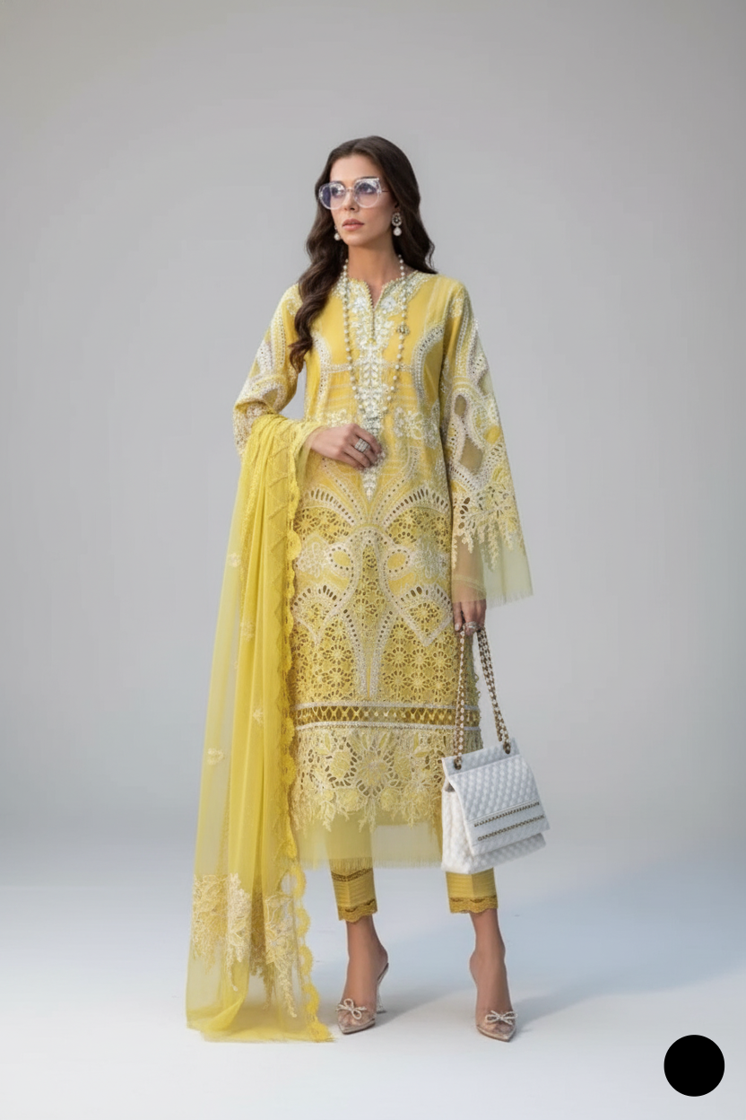 Organza A-Line shirt yellow - Pakistani women's elegant formal wear with viscose trouser and organza dupatta front view