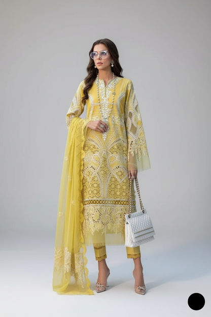 Organza A-Line shirt yellow - Pakistani women's elegant formal wear with viscose trouser and organza dupatta front view