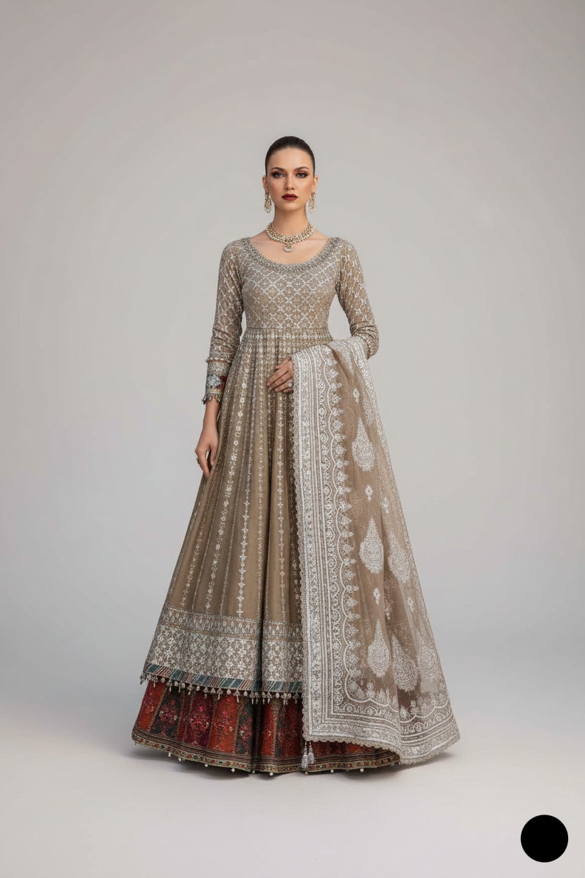 Net Long Frock with Lehenga ABL 4120 SKN - Pakistani women's wedding party wear front view