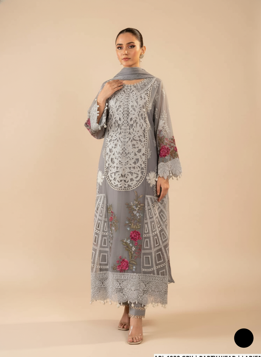 ABL 4030 Pakistani women's organza A-Line formal outfit detail view