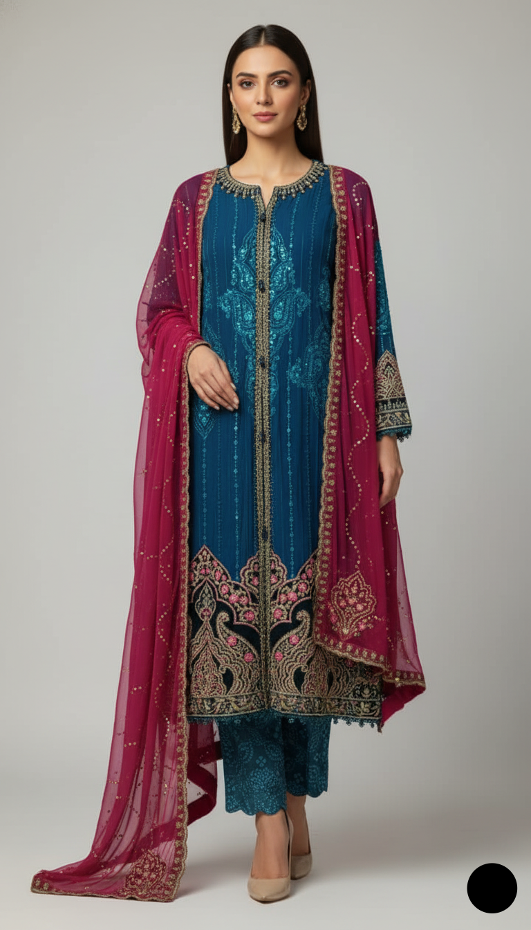 Organza A-Line shirt teal green - Pakistani women's elegant formal wear with viscose trouser and organza dupatta front view