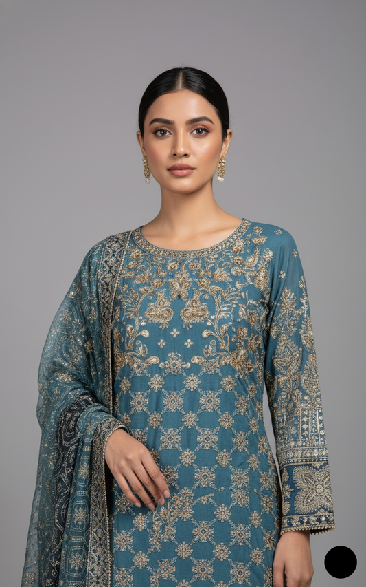 Light blue organza Pakistani women's straight shirt side view