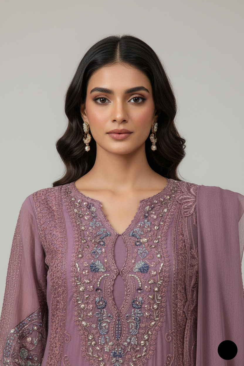 Lilac chiffon Pakistani women's straight shirt with plazo side view