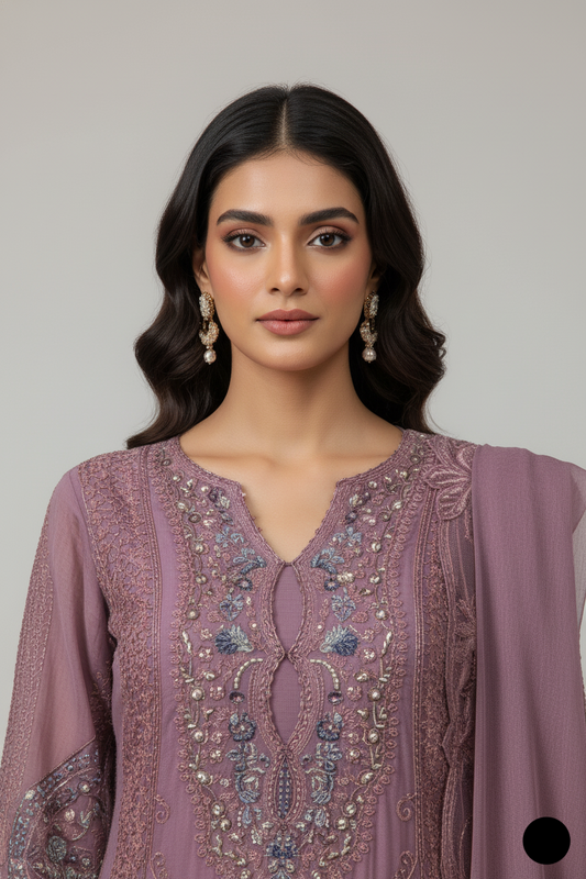 Lilac chiffon Pakistani women's straight shirt with plazo side view