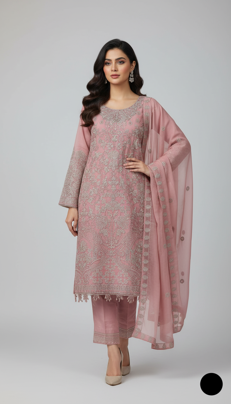 Chiffon straight shirt ABS 2854 - Pakistani women's elegant outfit with grip trouser and chiffon dupatta front view