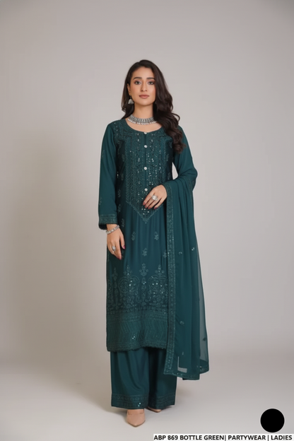 Silk straight shirt bottle green - Pakistani women's formal party wear with silk trouser and chiffon dupatta front view