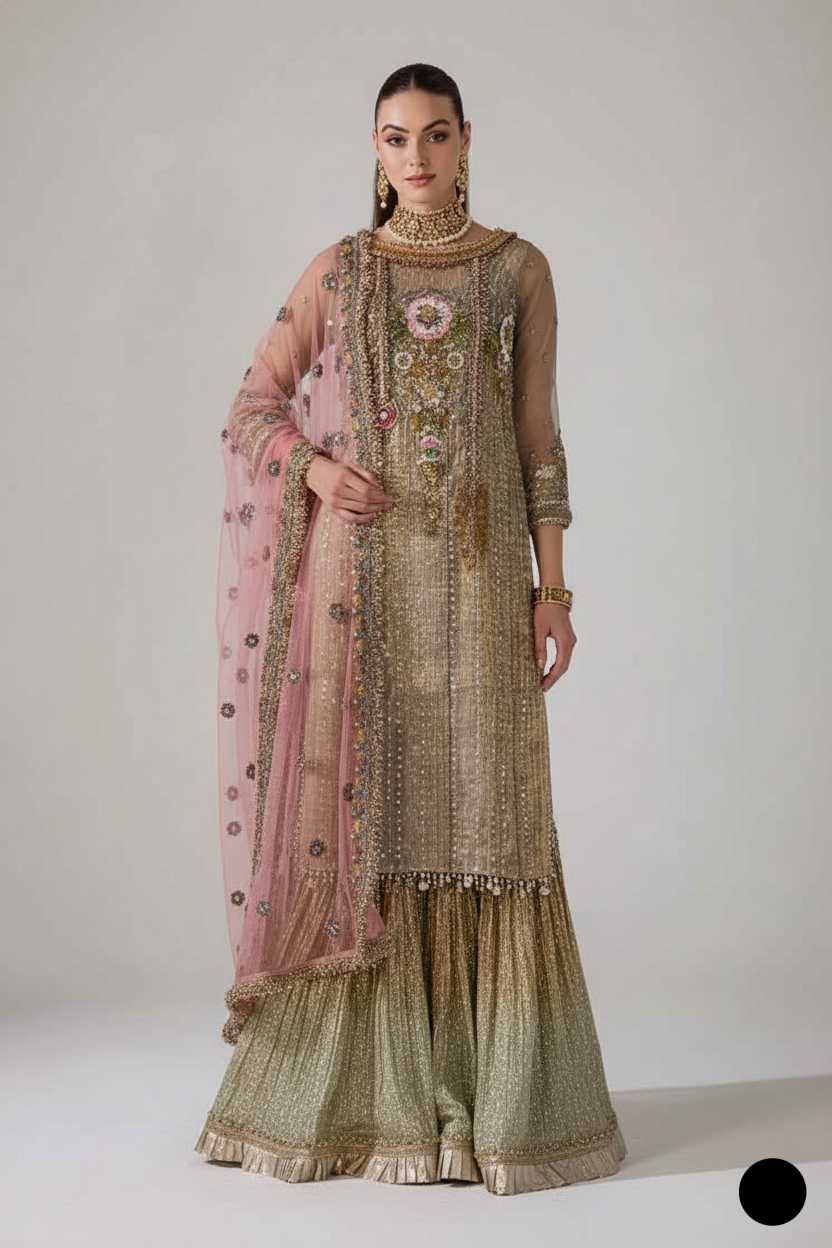 Hand embroidered luxury suit gold - Pakistani women's bridal formal wear with embroidered dupatta front view