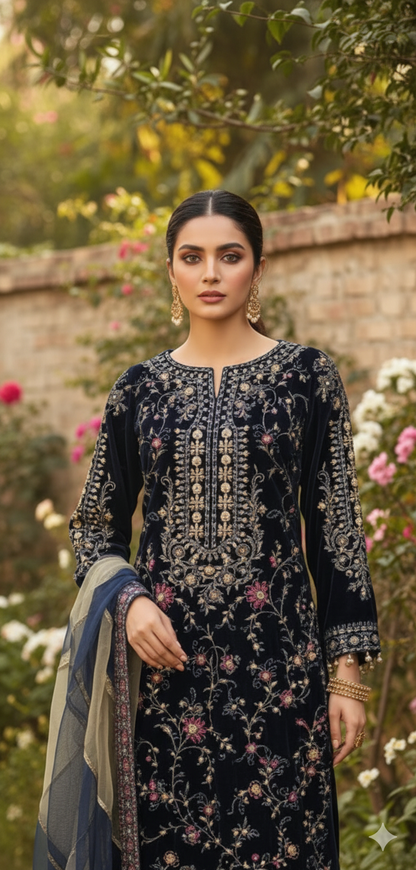 Pakistani women's navy blue velvet open shirt detail view