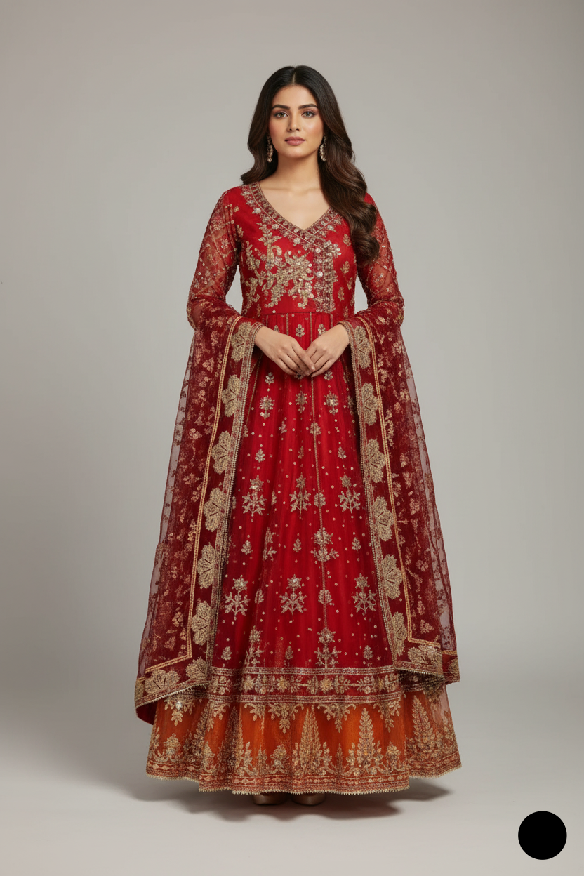 Organza angrakha frock ABS 3174 - Pakistani women's traditional formal wear with grip trouser front view
