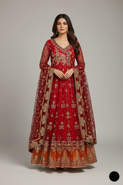 Organza angrakha frock ABS 3174 - Pakistani women's traditional formal wear with grip trouser front view