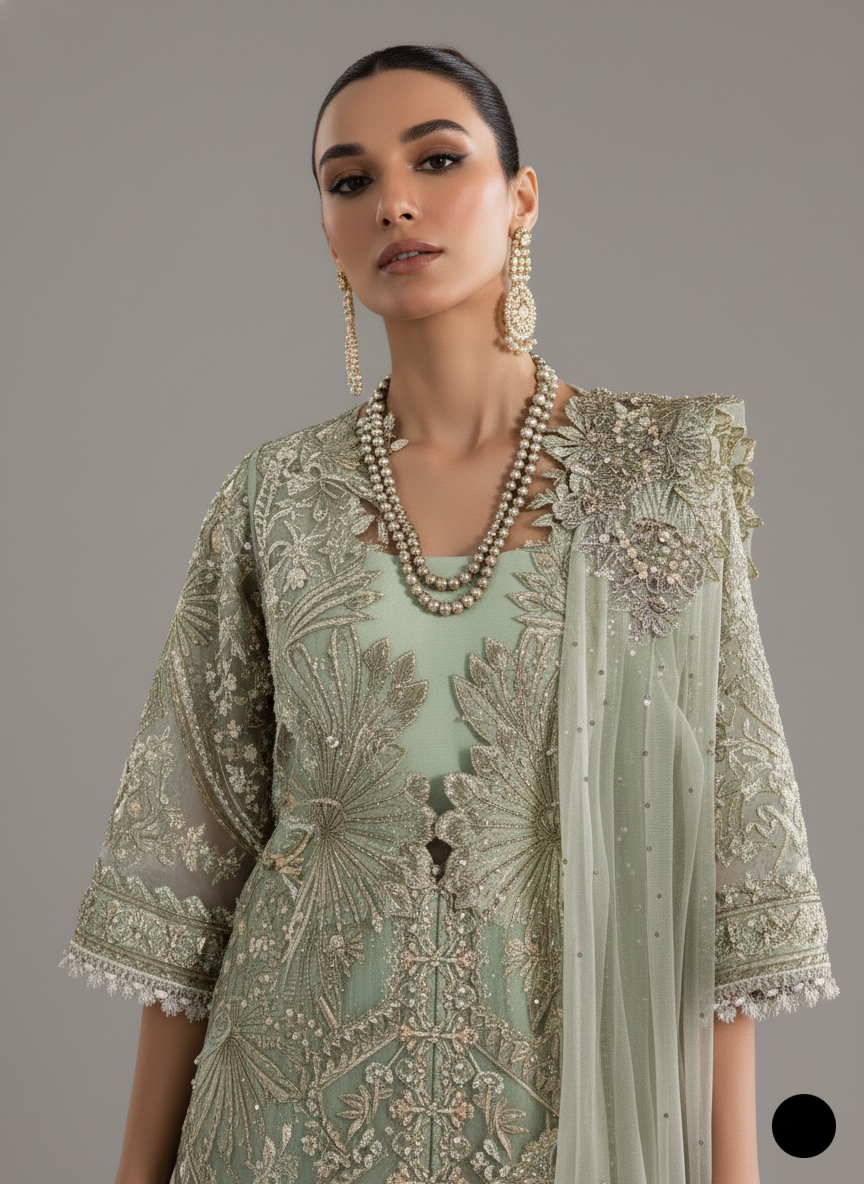 Pakistani women's pista green organza straight shirt detail view
