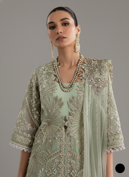 Pakistani women's pista green organza straight shirt detail view