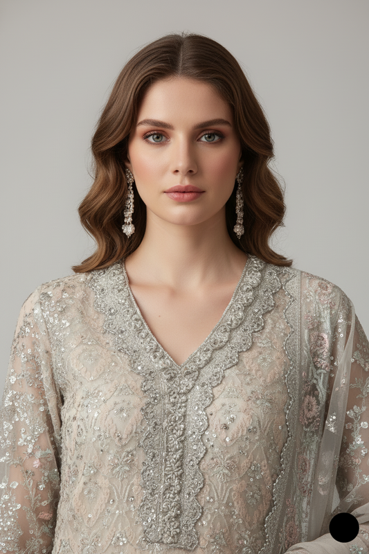 Skin organza Pakistani women's open shirt side view