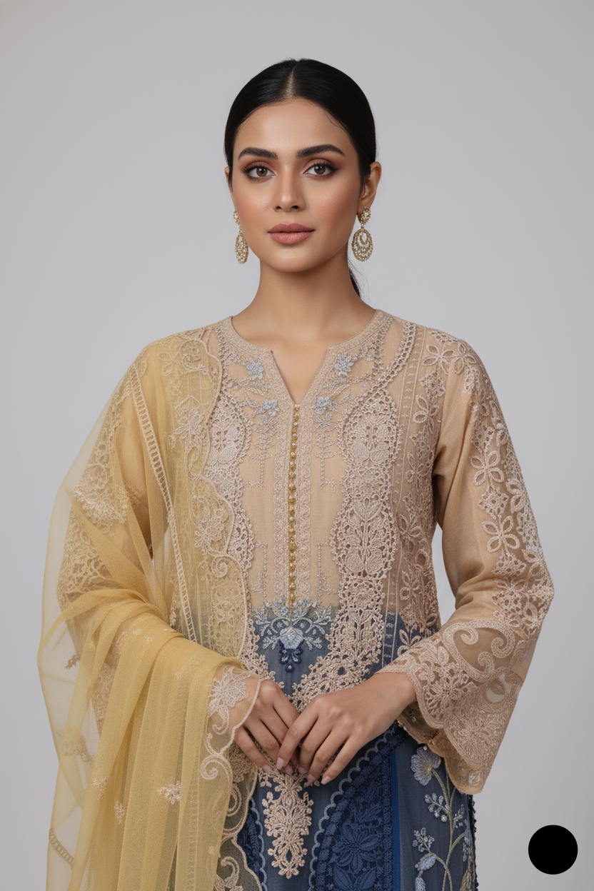 Fawn chiffon Pakistani women's straight shirt with plazo side view
