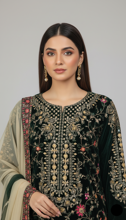Bottle green velvet Pakistani women's open shirt side view