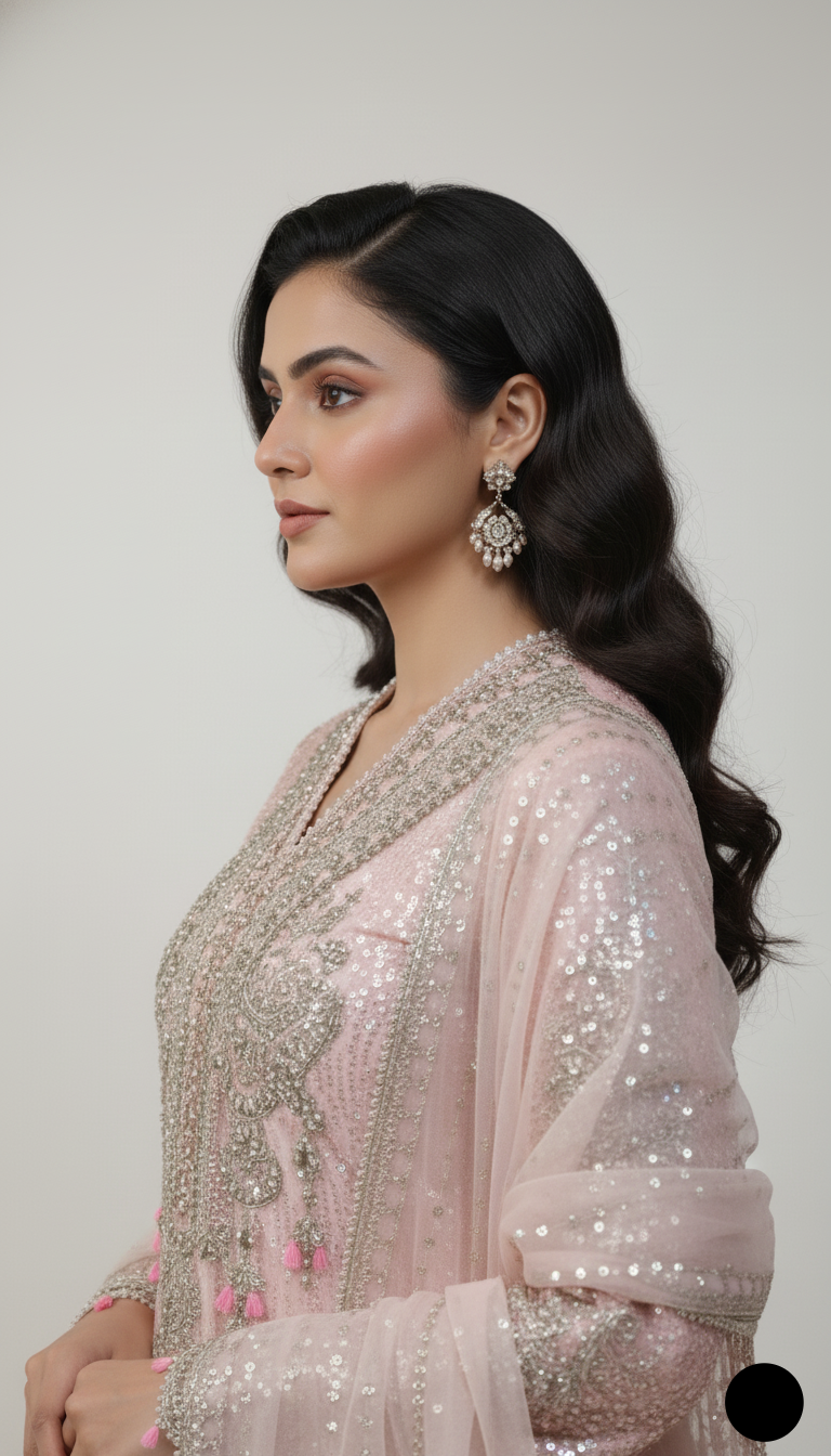 Pakistani women's pink soft net A-Line shirt plazo detail view