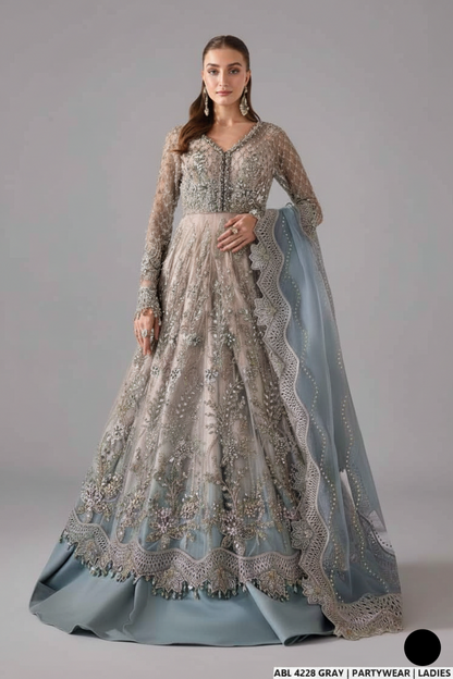 Organza A-Line shirt grey - Pakistani women's elegant formal wear with viscose trouser and organza dupatta front view