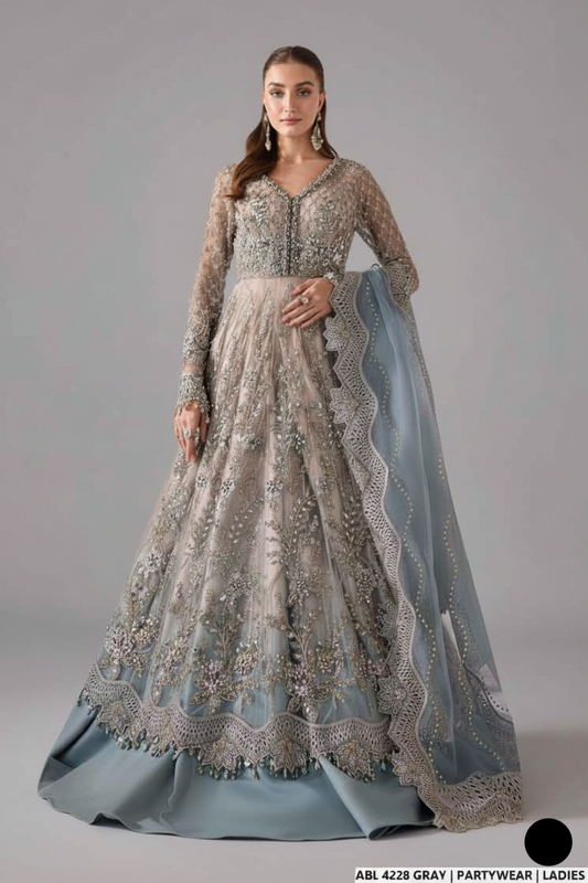 Organza A-Line shirt grey - Pakistani women's elegant formal wear with viscose trouser and organza dupatta front view
