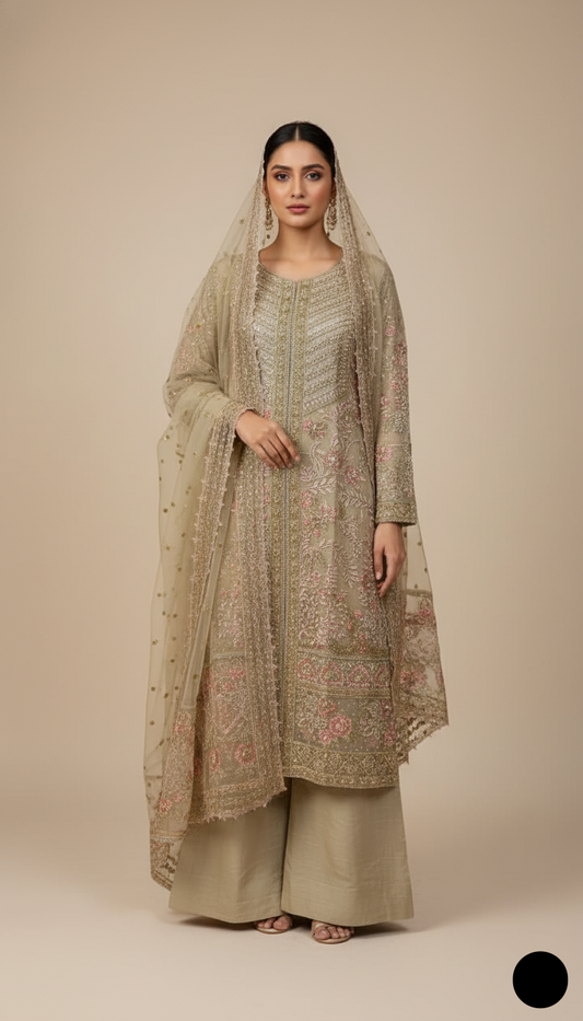 Organza straight shirt plazo skin - Pakistani women's formal party wear with grip plazo and organza dupatta front view