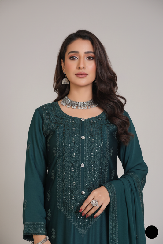 Bottle green silk Pakistani women's straight shirt side view