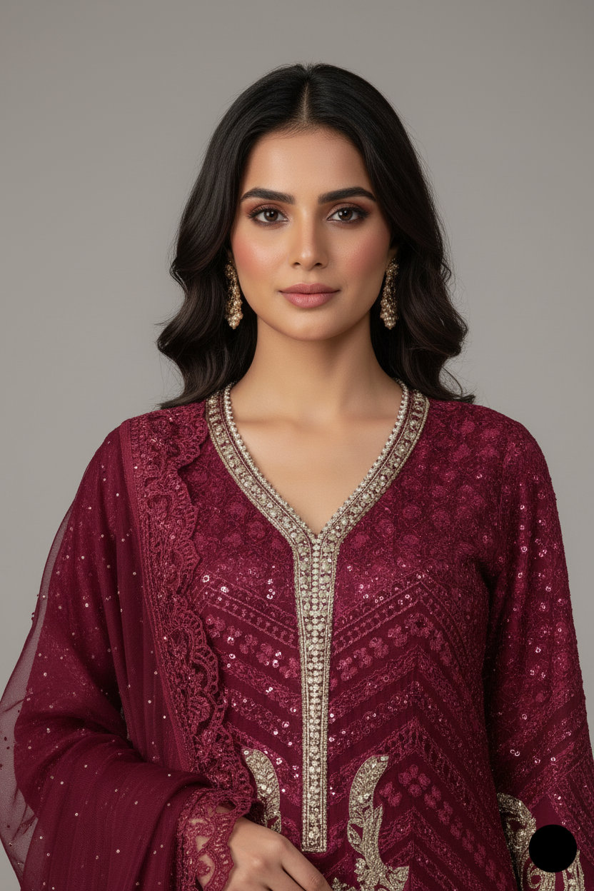 Maroon organza Pakistani women's straight shirt side view
