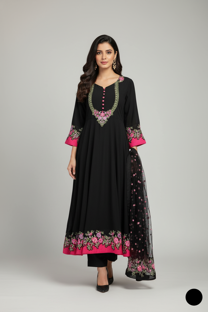 Linen Long Frock SG 1466 - Pakistani women's formal outfit with net dupatta front view