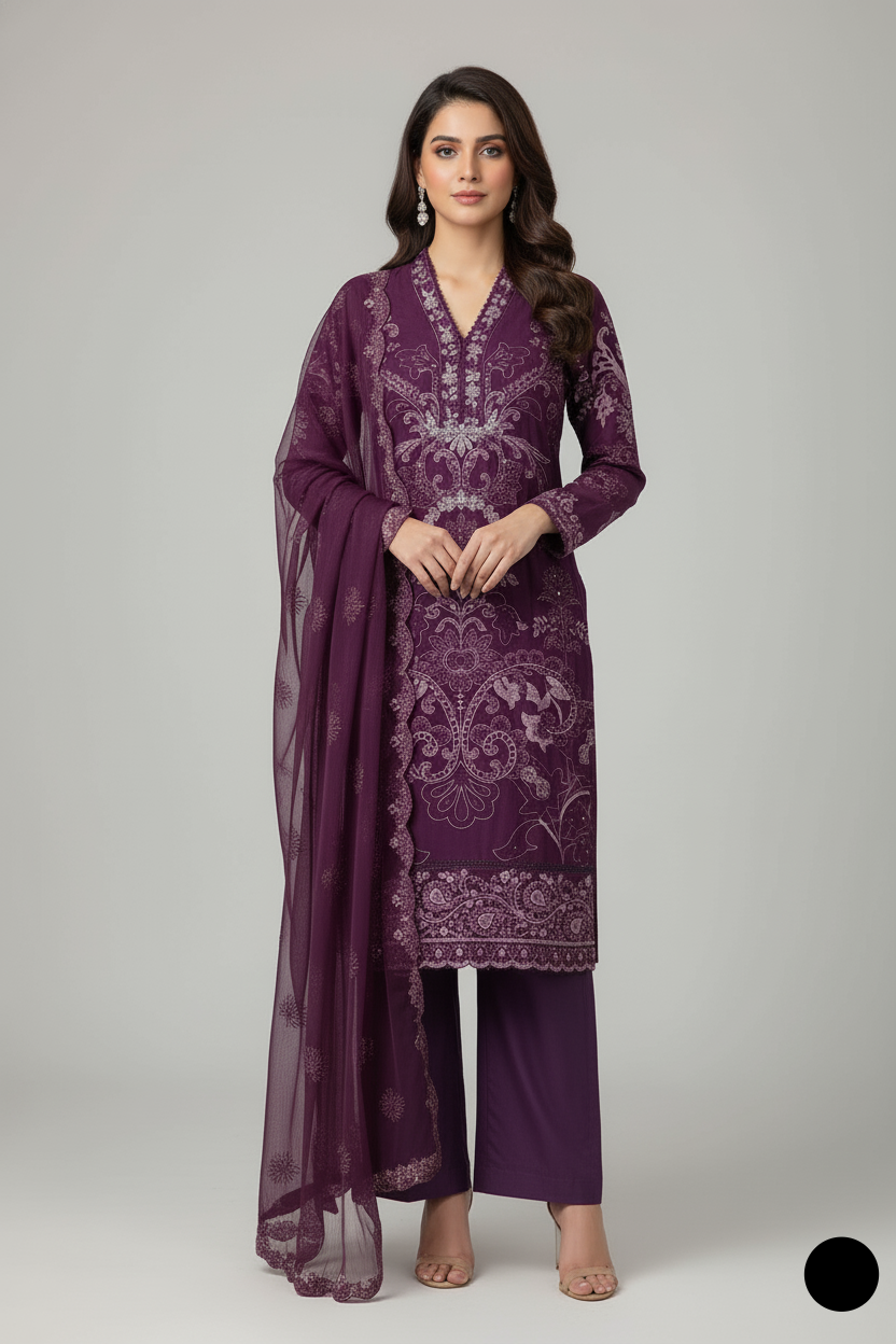 Chiffon straight shirt plazo purple - Pakistani women's party wear with viscose plazo and chiffon dupatta front view
