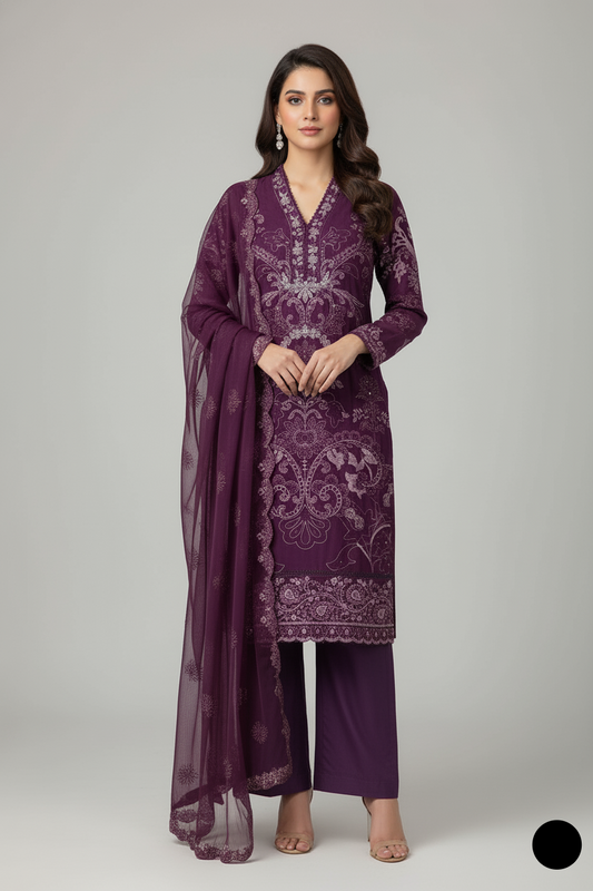 Chiffon straight shirt plazo purple - Pakistani women's party wear with viscose plazo and chiffon dupatta front view