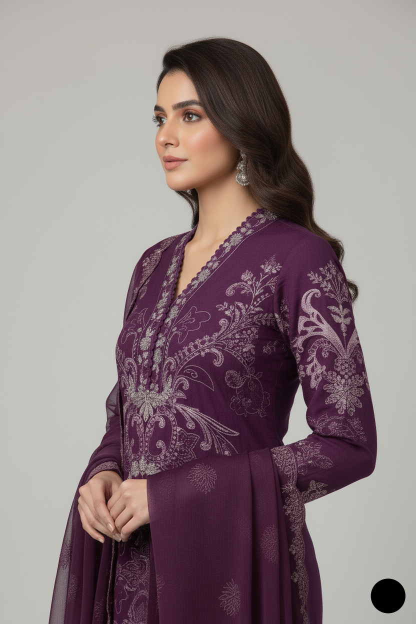 Pakistani women's purple chiffon straight shirt plazo detail view